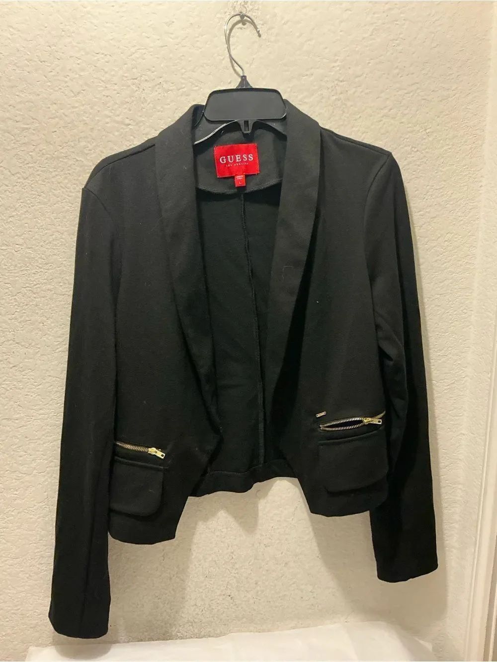 GUESS Black Open-Front Cropped Blazer with Gold Zipper Accents